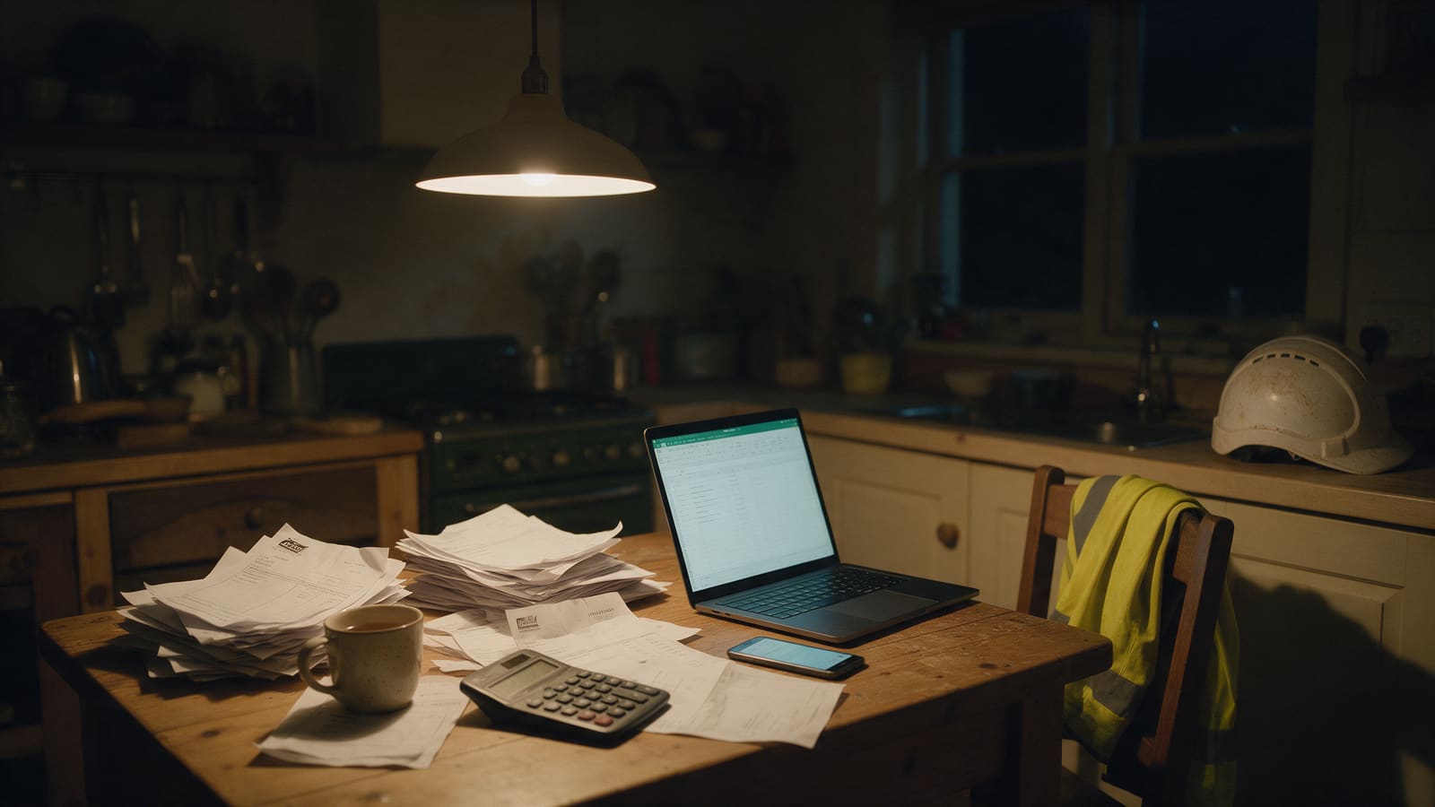 A builder's kitchen table late at night: invoices, a calculator, a laptop and a hi-vis shirt over the chair.