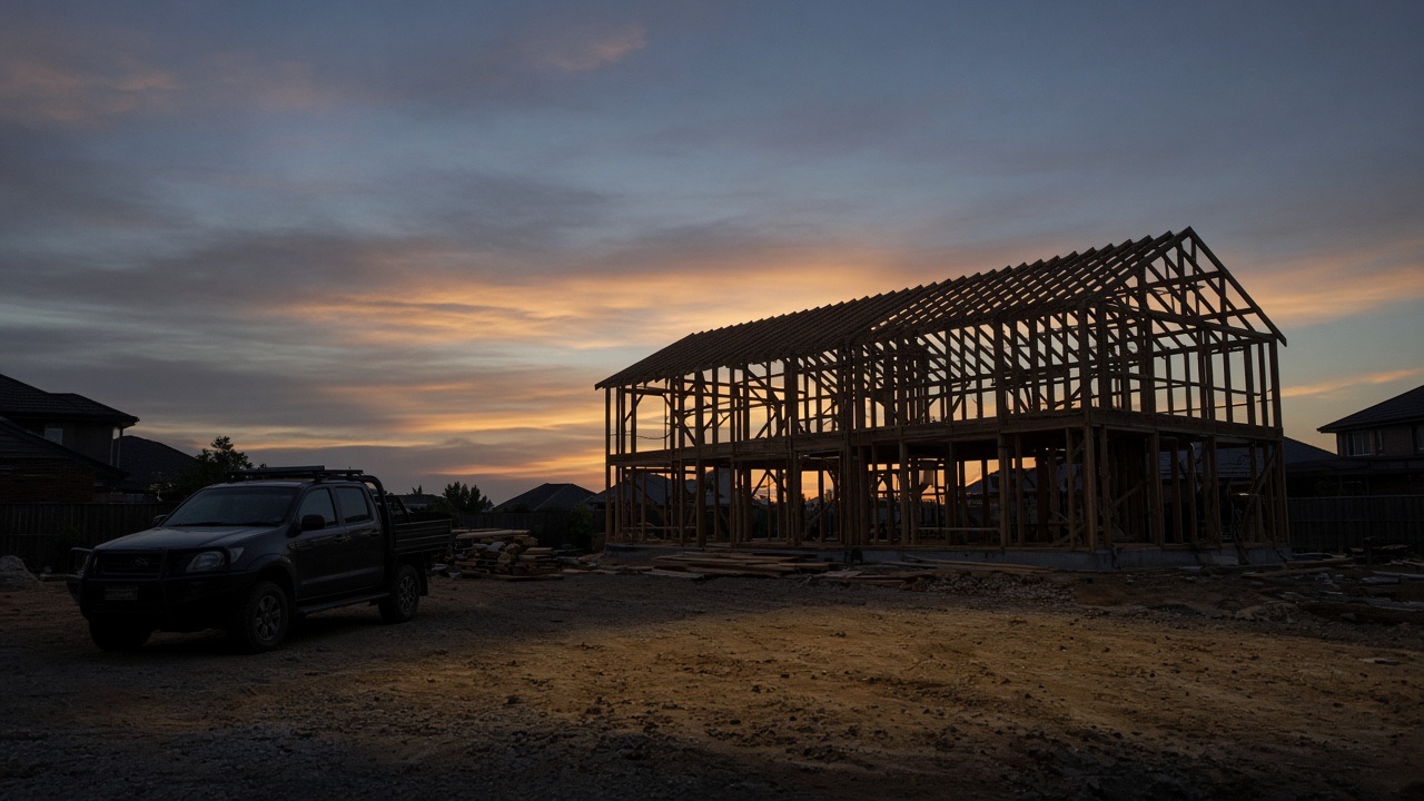 A timber-framed house and a ute on site at dusk.