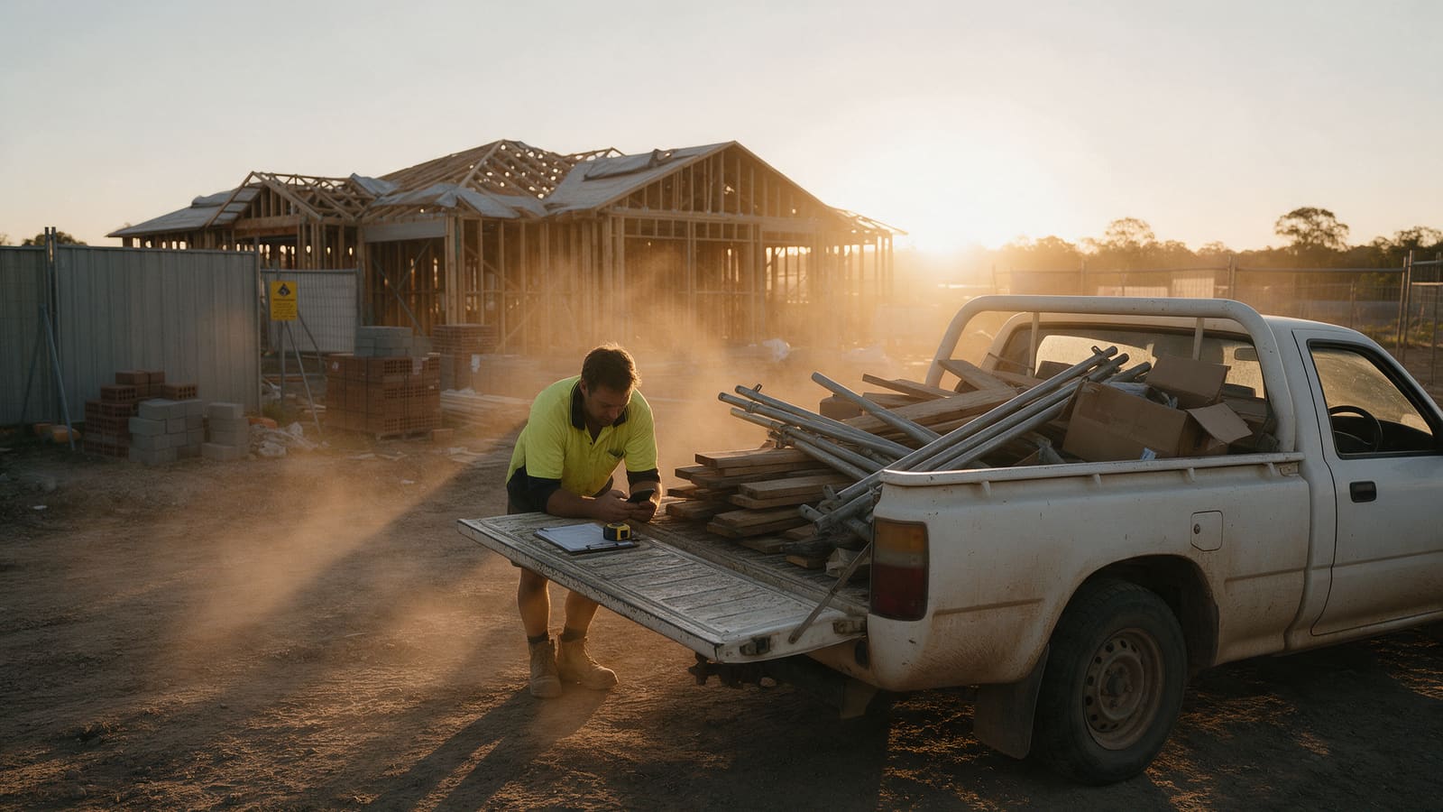 A builder at the tailgate of his ute on site at dusk, checking his phone.